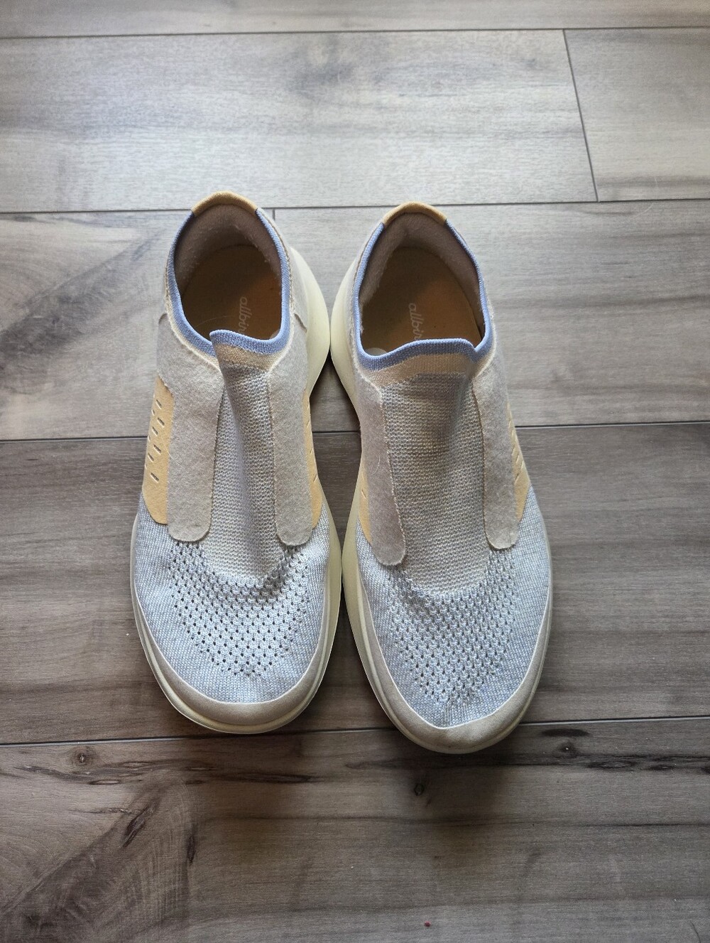 allbirds Men’s Slip-On Knit Sneakers in Light Gray and Tan